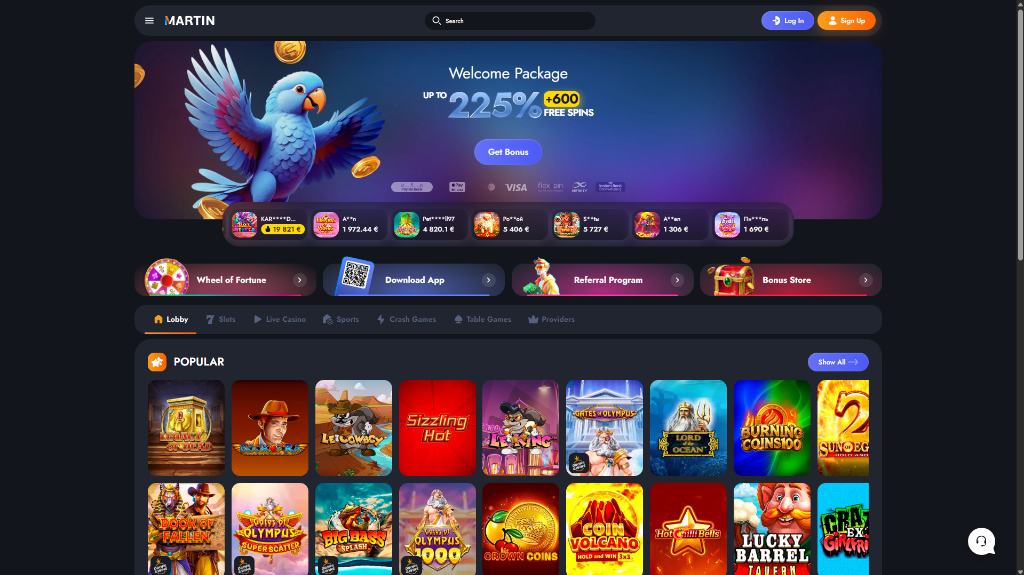 Martin Casino review: games lobby preview, popular slots, and mascot interface