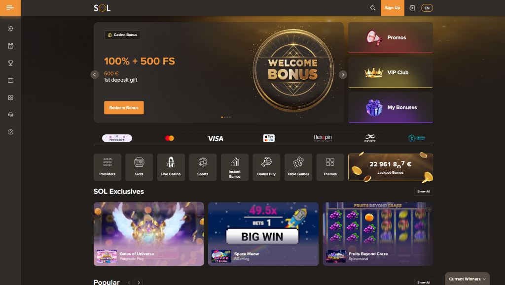 SOL Casino review: games lobby preview, slots, and jackpots